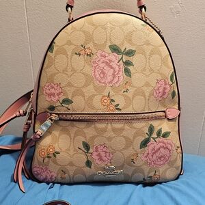 Coach Tan and Pink Floral Backpack with Signature Monogram
